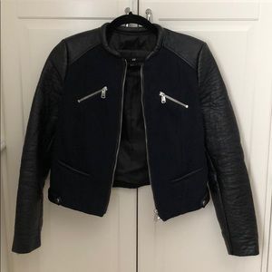 Black Faux Leather and Navy Blue Wool Moto Jacket